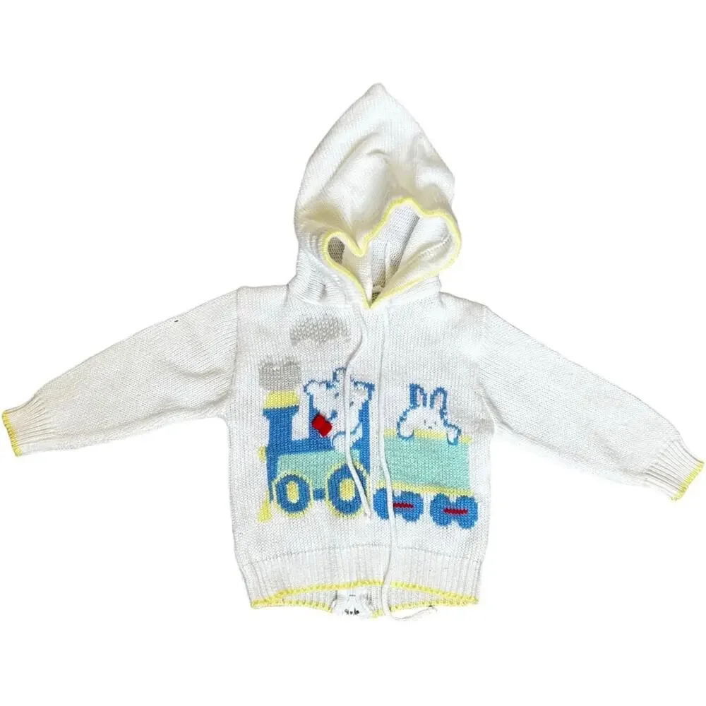 Petit Ami Vintage hooded knit sweater train teddy bear rabbit 12 months